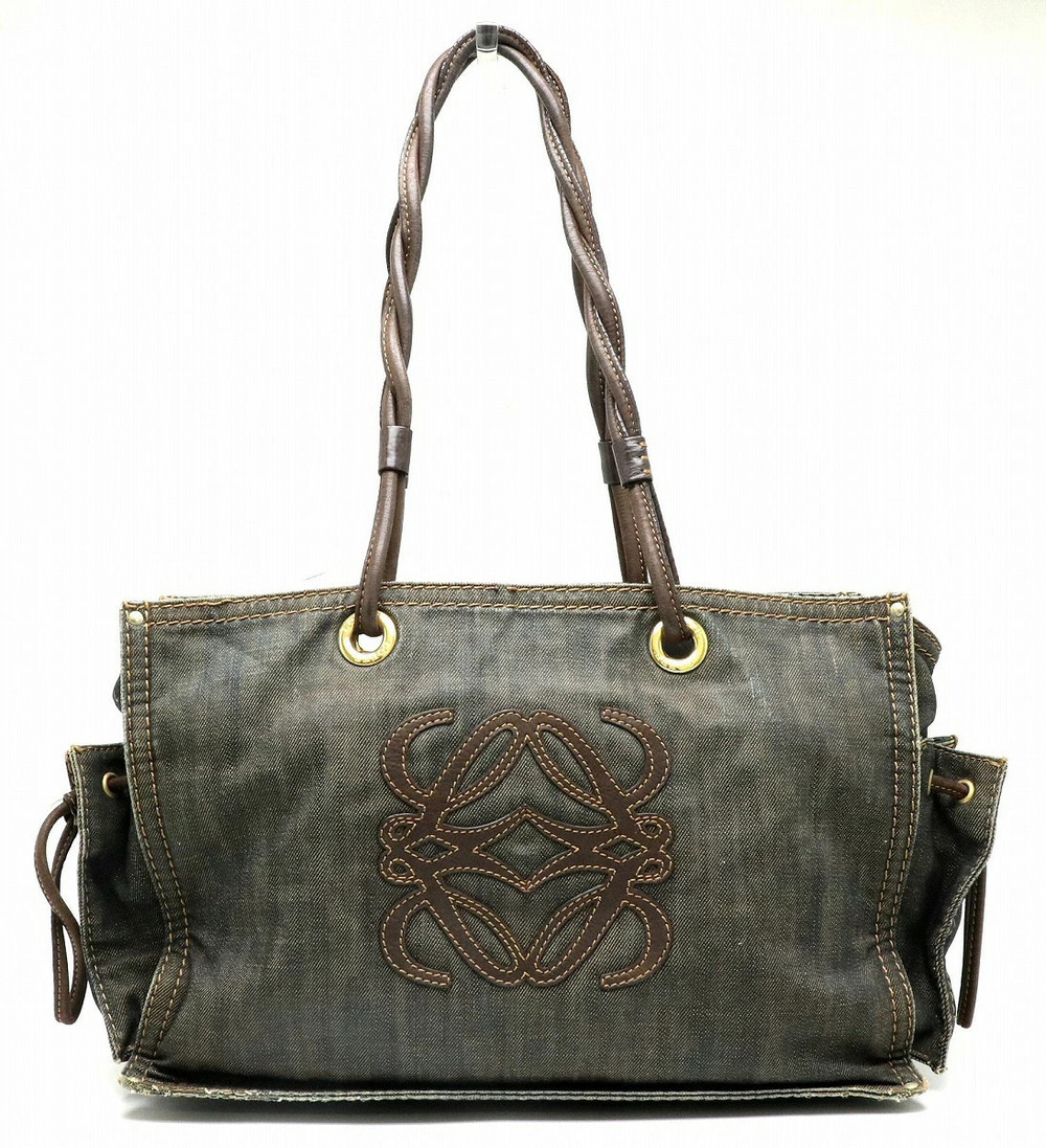 Loewe Anagram Shopper Tote Bag Shoulder Denim Leather Dark Brown